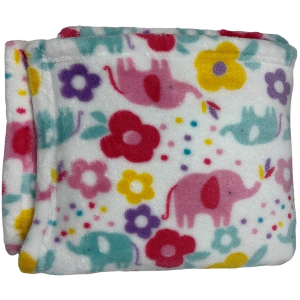 Dream Gro Pink Elephant Aqua Flower‎ White Fleece Baby Girl Blanket Soft Lovey